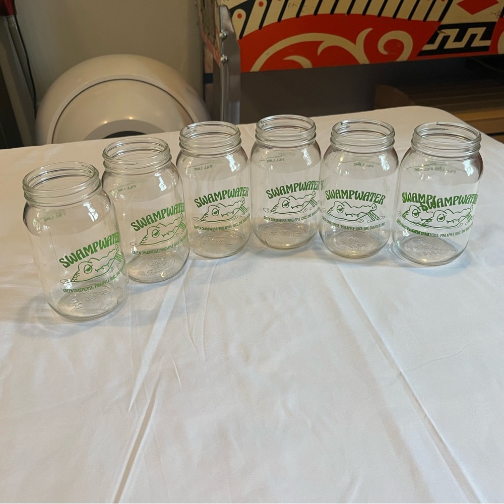 Set of 6 vintage 1970’s Swampwater jars. Redneck drinking glasses.